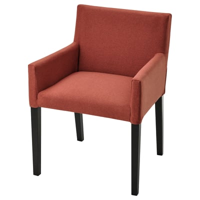 Red upholstered chair with wooden legs. Modern, boxy design. Comfortable, padded seating.