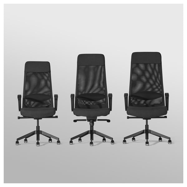 Three black ergonomic office chairs in a row, designed for comfort and support with mesh backs and adjustable.