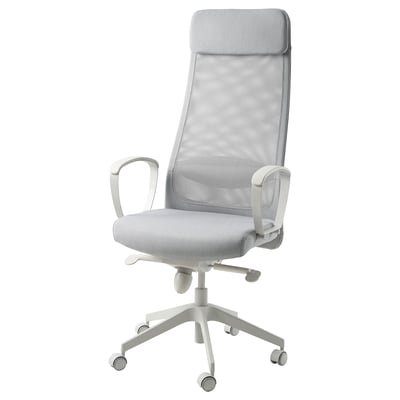 MARKUS ergonomic chair: grey mesh back, white frame, padded seat and headrest, five wheeled base.