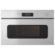 Stainless steel built-in microwave with digital display and push-open door.