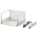A white MAXIMERA drawer setup with silver runners. The drawer is open, showing its empty interior. Two runners lie beside it, positioned horizontally.