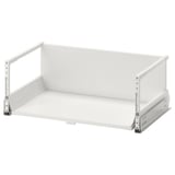A MAXIMERA white pull-out drawer with metal runners. Its sleek, rectangular and has a close-soft feature with a 25-year guarantee.