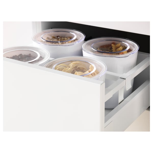 Kitchen drawers with clear containers of food, fully extendable, slow close.