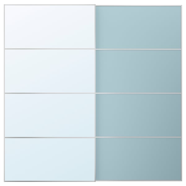 Wardrobe with white and light blue sliding doors, soft close.