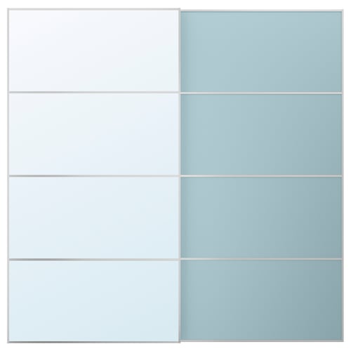 Wardrobe with white and light blue sliding doors, soft close.