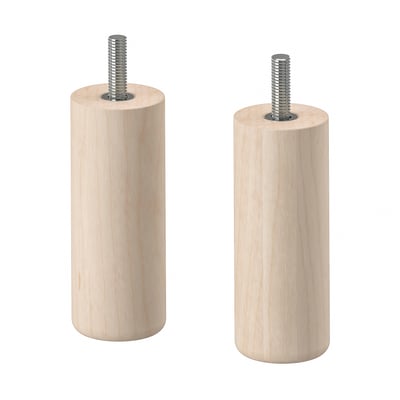 Two light-colored, cylindrical wooden legs with adjustable threaded metal mounts for furniture.