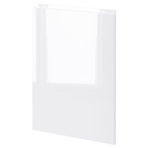White high gloss kitchen cabinet door, fiberboard with plastic foil, rectangle shape, sleek modern design.