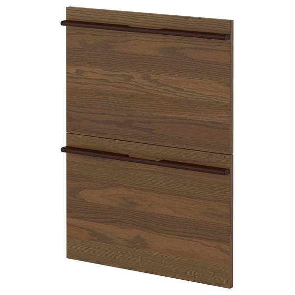 Dark brown wooden drawer fronts with simple handles.