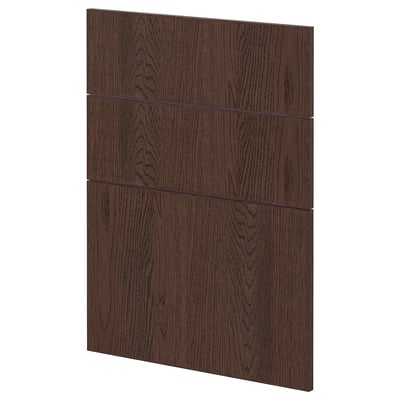 A dark brown wooden kitchen cabinet door with clean horizontal lines and a solid wood edge.