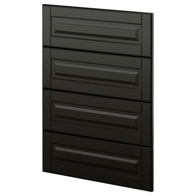 Black modern kitchen cabinets with bevelled edges and vertical lines.
