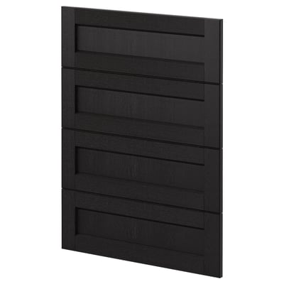 A dark wooden cabinet door with horizontal panels from IKEAs METOD kitchen system.