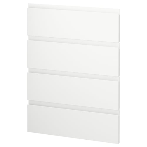 White METOD kitchen with voxtorp drawers, minimalist design.