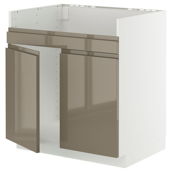 Modern kitchen cabinet, METOD, white and dark brown, sleek, stainless steel handles, with smooth surfaces.