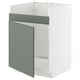 Depicts a white and grey-green METOD kitchen cabinet with a modern design and a 25-year guarantee.