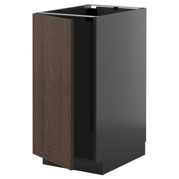 Modern kitchen unit, dark grey & brown, rectangular with one open door.