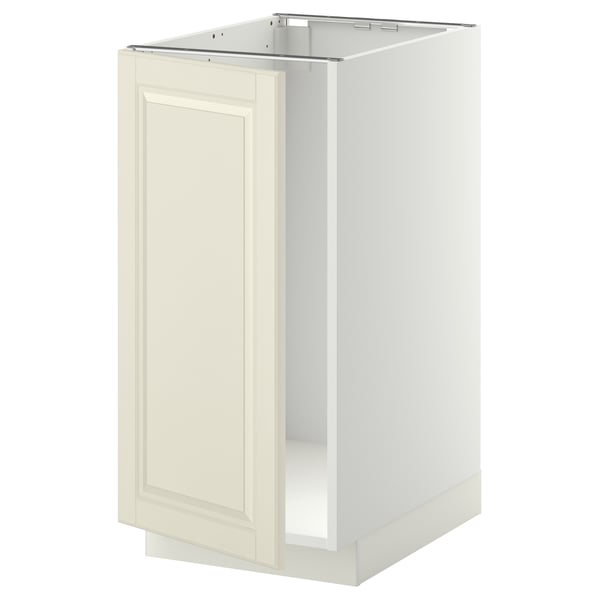A white METOD kitchen base cabinet with off-white bodbyn door, featuring a traditional design.