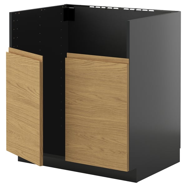 A modern black kitchen cabinet with wooden doors.