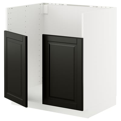 METOD kitchen unit with black beveled doors.