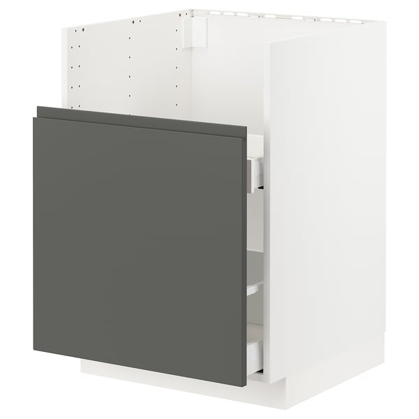 Modern grey kitchen cabinet, boxed, with smooth drawers, white frame, and sleek design.