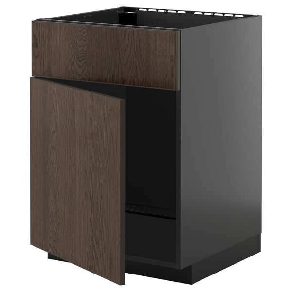 Modern dark brown oak cabinet with glossy metal sides, featuring a pull-out drawer and sleek, minimalist design.