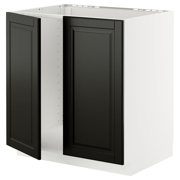 METOD kitchen cabinet, white & black, square, modern design, with dark beveled doors.