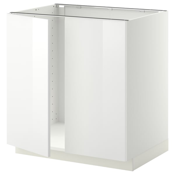 Displays a white METOD kitchen cabinet base, square-shaped, with a smooth, high-gloss finish, designed for built-in appliances.
