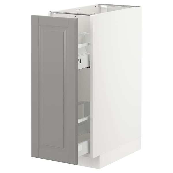 White METOD kitchen cabinet, grey door, classic design, bevelled edges.