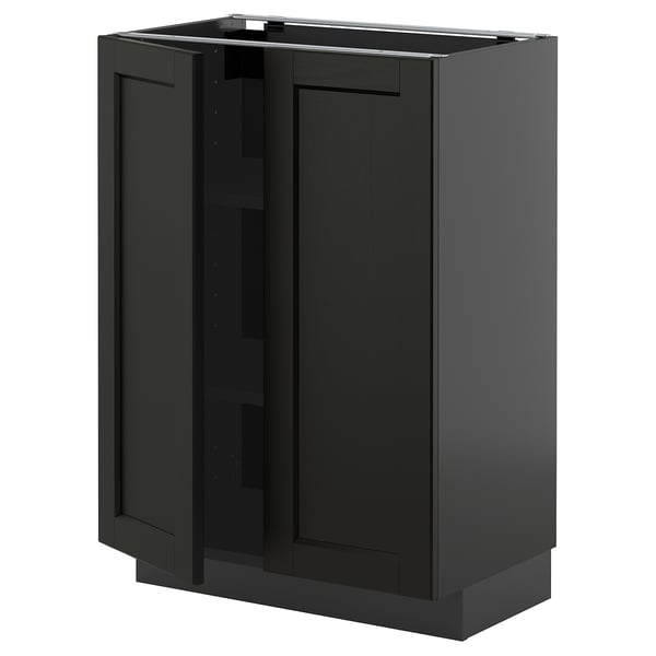 Black kitchen cabinet with two doors, featuring a rectangular shape and beveled edges for a traditional style.