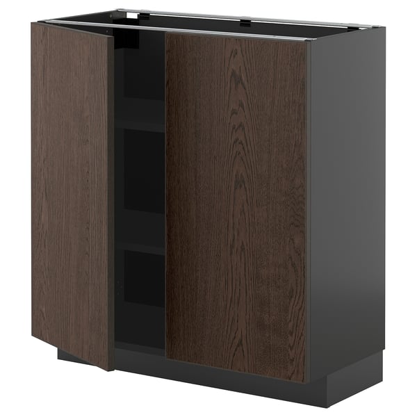 Modern kitchen cabinet, METOD, dark brown wood, gray frame, 2 doors, adjustable shelves.