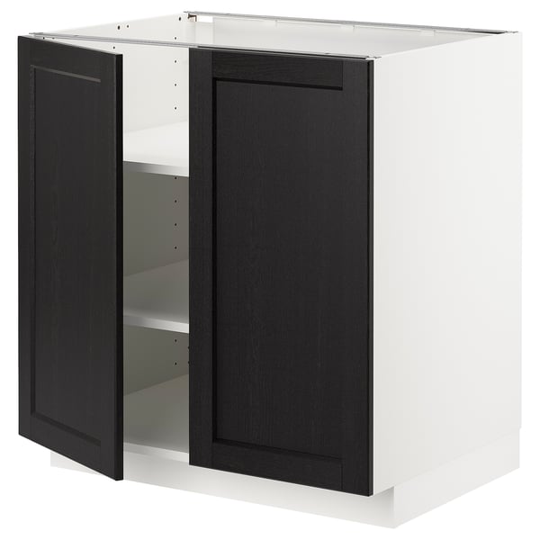 Modern kitchen cabinet, white and black, two doors, square shape, beveled edges.