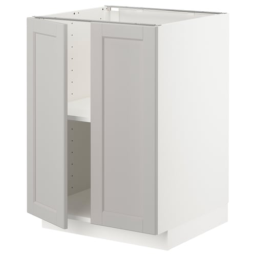A white METOD base kitchen cabinet with an open door, featuring a light grey lerhyttan design with bevelled edges.