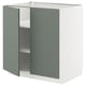 A modern, grey-green METOD kitchen cabinet with white interior and adjustable shelves.
