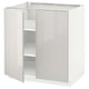 White high-gloss kitchen cabinet with one open door, sleek modern design.