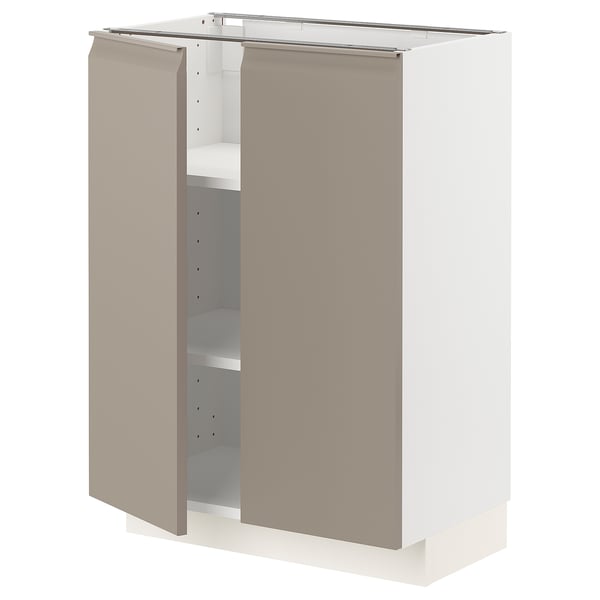 A white METOD kitchen cabinet with grey-beige doors and an adjustable shelf.