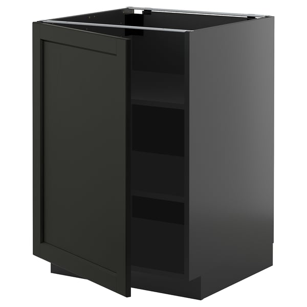 Dark gray METOD cabinet with one open door, adjustable shelves, and beveled edges.
