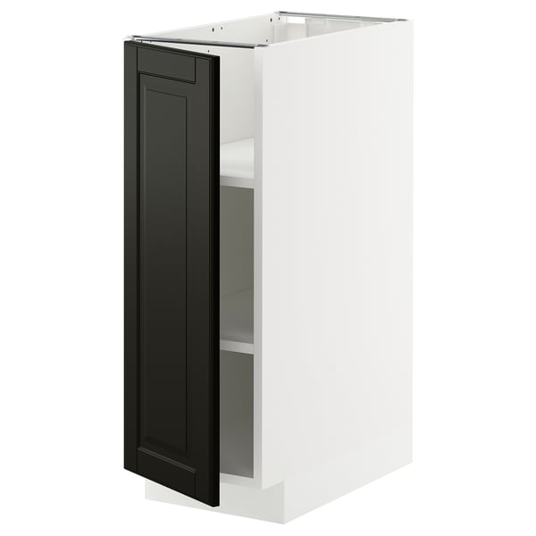 METOD kitchen cabinet in white with black beveled door.