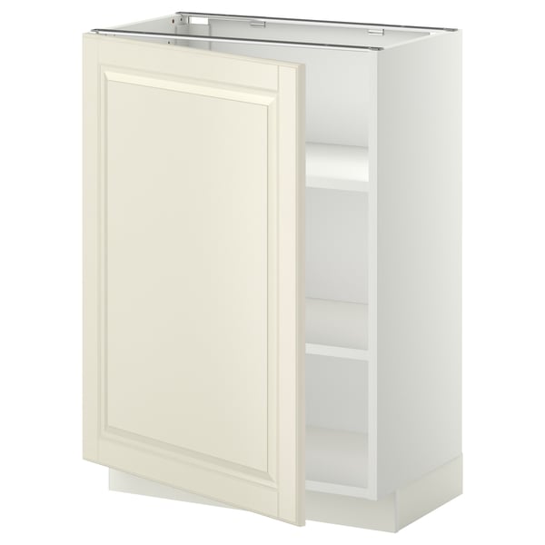 An off-white METOD kitchen cabinet with a single door and adjustable shelves.