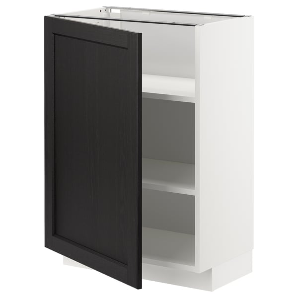 An open METOD kitchen cabinet with a black-stained lerhyttan door. The cabinet has a white frame and inside shelves.
