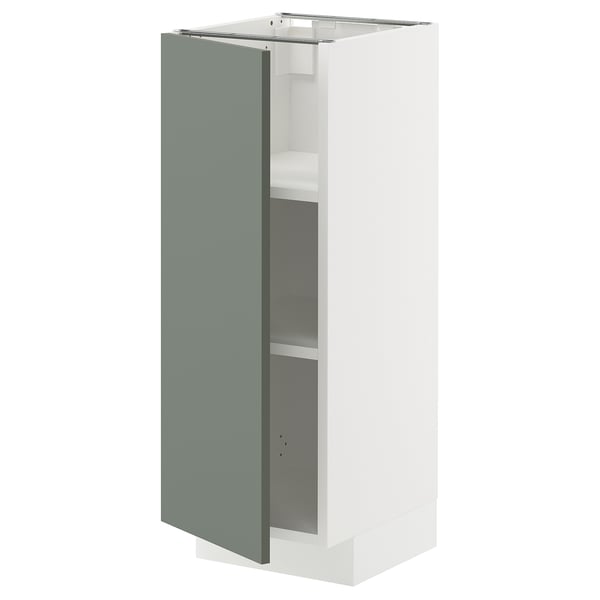 Modern kitchen cabinet in white and gray-green; rectangular, with single-door and shelves.