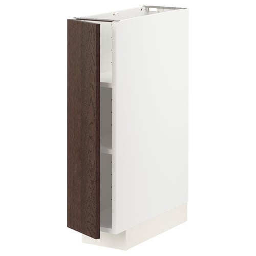 A white METOD kitchen cabinet with a dark brown sinarp door featuring solid wood edging. It has a rectangular shape and adjustable shelves.