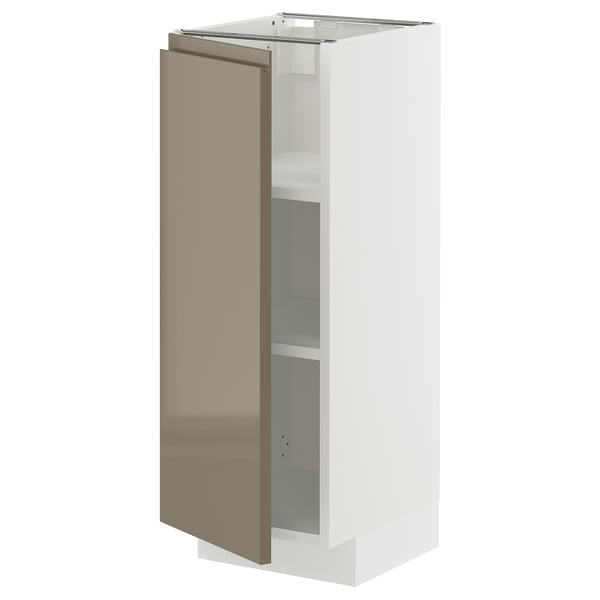 Modern white kitchen cabinet with high gloss dark grey-brown door, adjustable shelves, metallic handle, and sleek design.