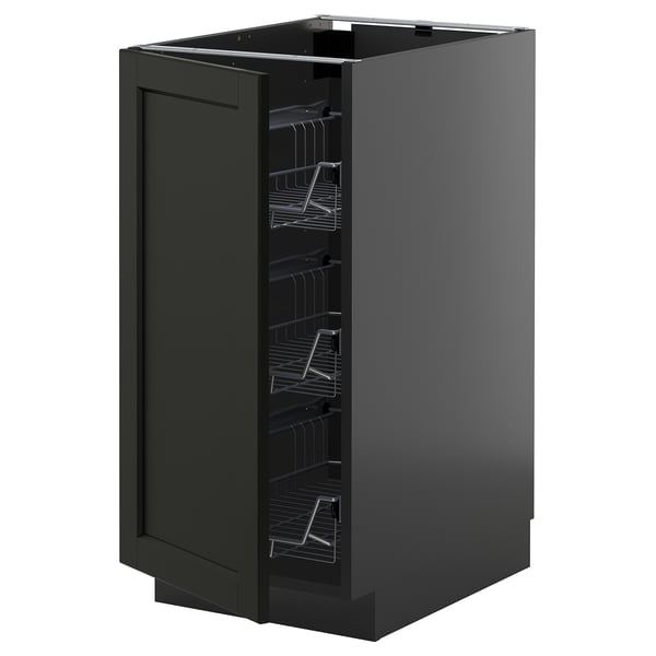METOD kitchen cabinet in dark grey with pull-out wire storage racks.