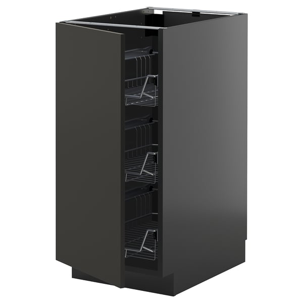 METOD black kitchen cabinet, glossy finish, square shape, with wire baskets.
