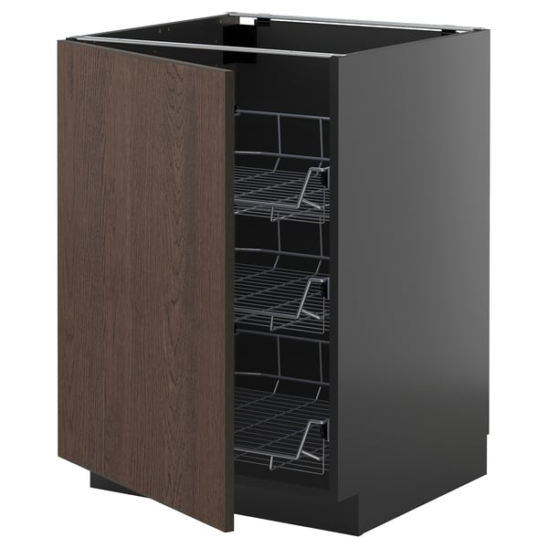 Modern kitchen cabinet, dark brown sinarp wood front, metal racks, pull-out shelves, sleek and practical design.
