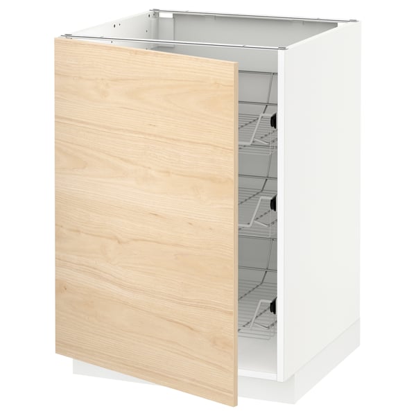 METOD kitchen cabinet - white with light ash wood door, metal shelves