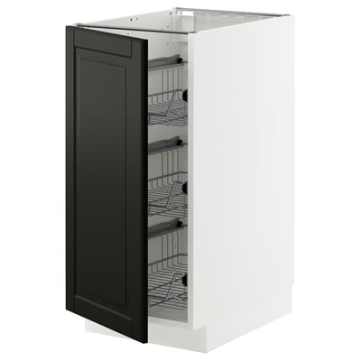 A white METOD kitchen cabinet with a black bodbyn door, featuring pull-out wire baskets.