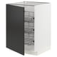 White METOD kitchen cabinet with black doors and wire shelves.