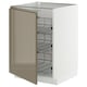 Modern kitchen cabinet in white with sleek dark grey-brown door, featuring metal wire shelves.