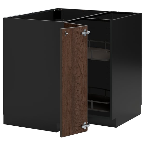 Modern kitchen cabinet set: black METOD with dark wood doors, sturdy, adjustable shelves.