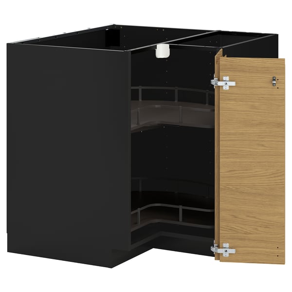 METOD Corner base cabinet with carousel, black-grey/Voxtorp oak effect, 88x88 cm